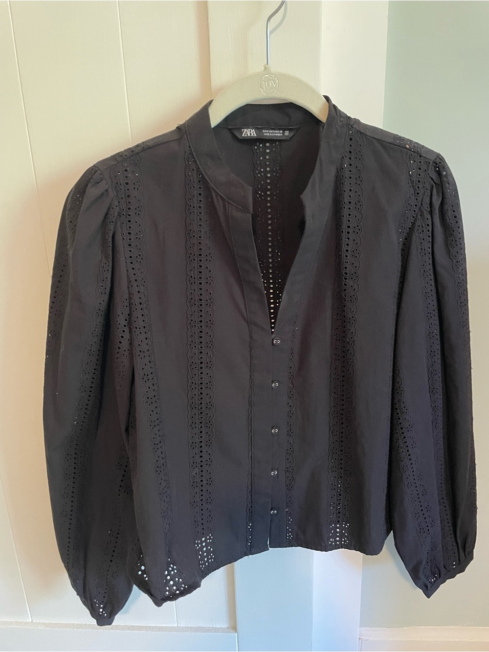 Zara Black Eyelet Button-Front Blouse with Mandarin Collar